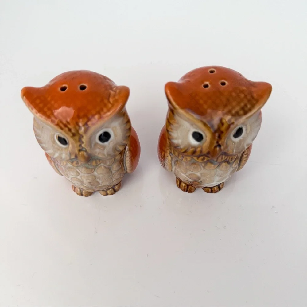 Vintage Owl Salt & Pepper Shakers Ceramic Brown Mid-Century Japan Set